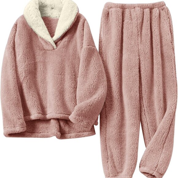 Women's Fluffy Fleece Pajama Set Oversized Pullover Fuzzy Pants Loungewear